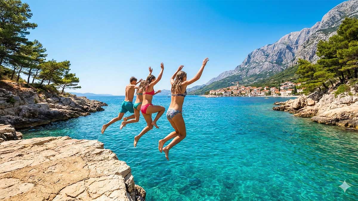 Krystaliczna, turkusowa Adria, grupa młodzieży skacząca z klifu