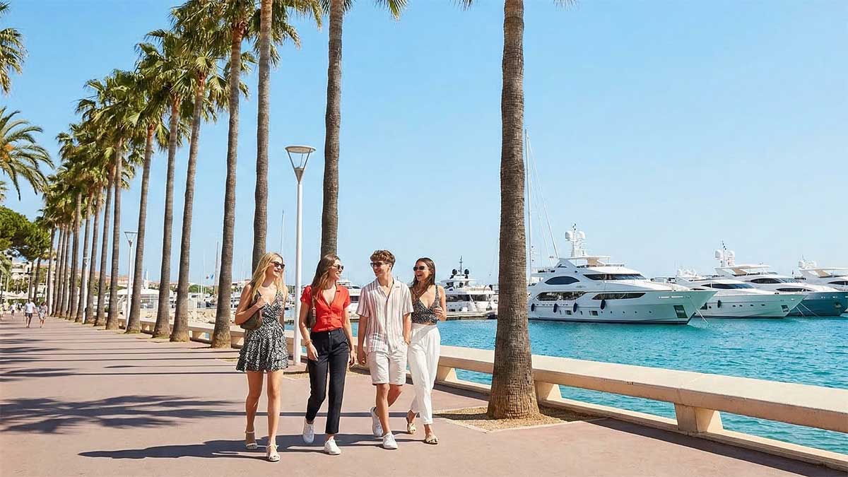 Cannes, promenada, palmy, w tle luksusowe jachty