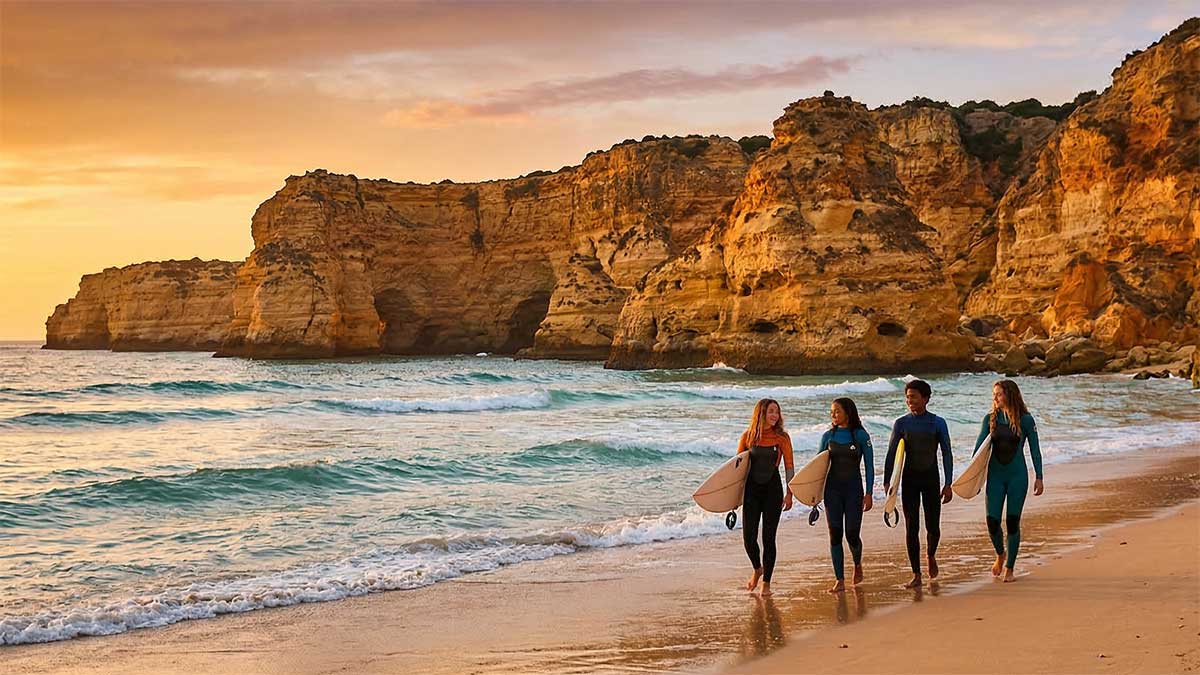Potężne klify o zachodzie, surfing, ocean, złote światło